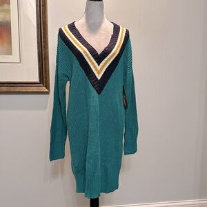 Almost famous distressed V Neck green sweater dress L NWT
